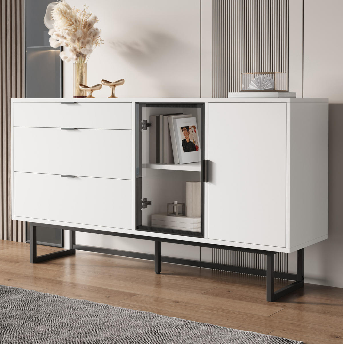 KOMMODE aus MDF & Spanplatte 160x36x78cm in Weiß mit LED-Beleuchtung - Weiß, Holzwerkstoff (160/78/36cm) - Modfu