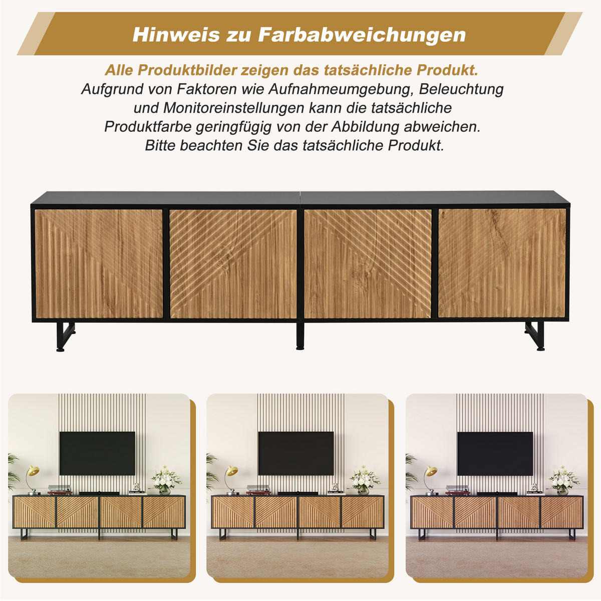 TV STOLEK přírodní barva se 4 dvířky, vakuově tvarovaný design, pro TV do 80", 180 × 40 × 50 cm - přírodní/černá, kov/sklo (180/50/40cm) - STILVORA