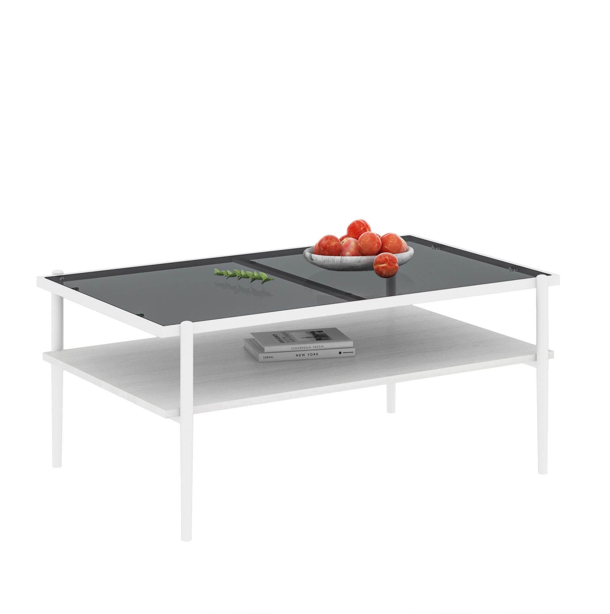 COUCHTISCH aus gehärtetem Glas 97x61x45 cm Grau/Weiß mit MDF-Ablage und Eisenbeinen - Weiß, Glas (97.5/61.5/45cm) - IVMEU