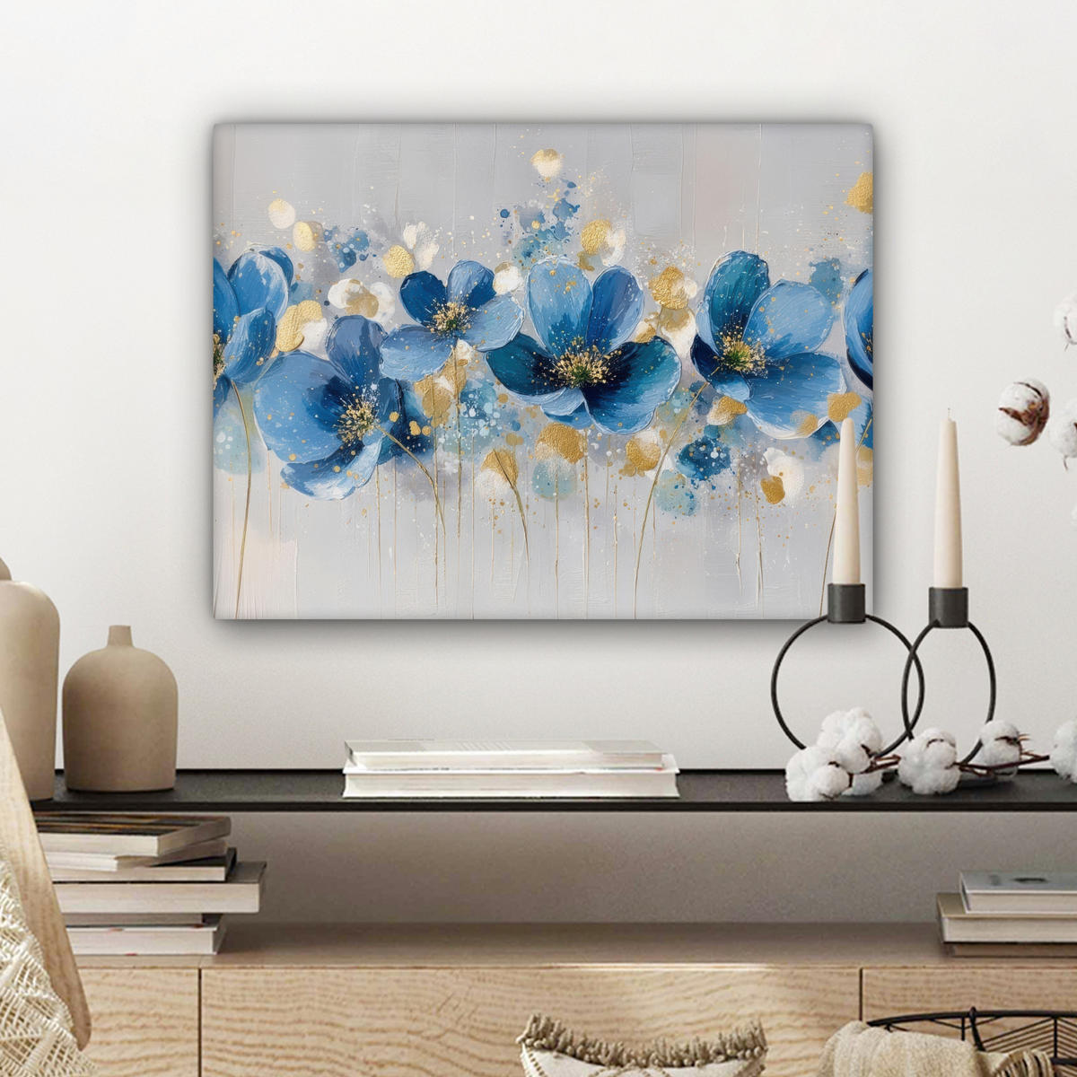 LEINWANDBILD Blumen - Blau - Abstrakt Wandbild 40x30 cm - Hellgrau, Textil (40/30cm) - MuchoWow