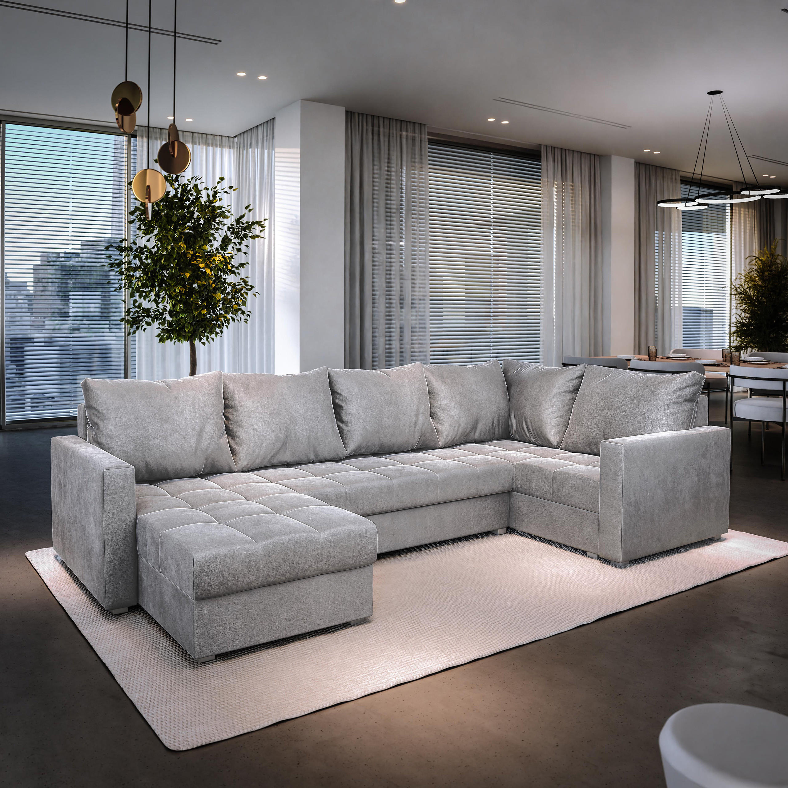 WOHNLANDSCHAFT LORIVO R-S Hellgrau Plüsch-Stoff mit Schlaffunktion - Hellgrau, Holz (285/85/150cm) - MASSENO