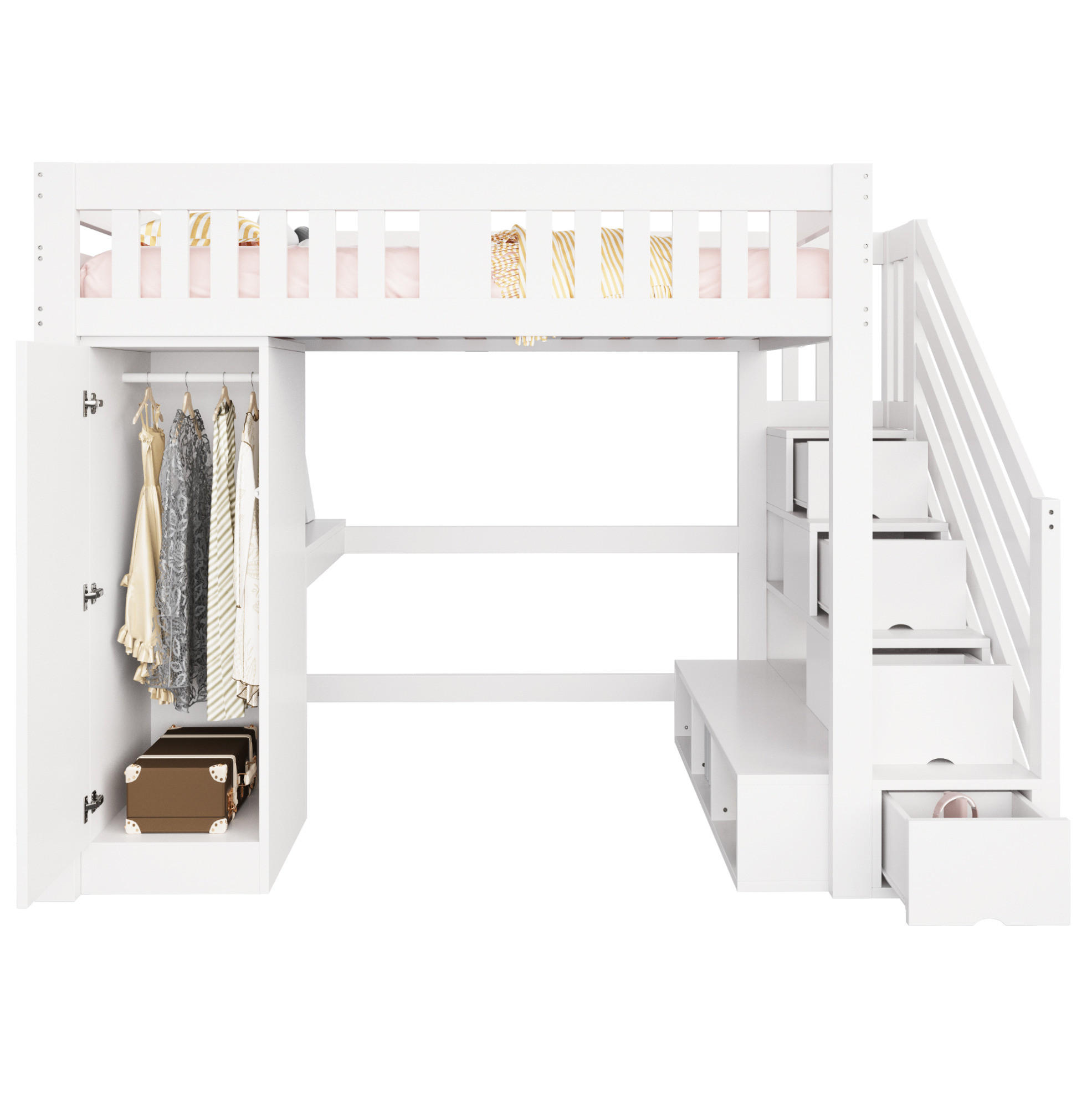 HOCHBETT 140/200 cm mit Stauraumtreppe, Kleiderschrank, Schreibtisch, LED-Beleuchtung und Bank, Weiß - Weiß, Holz (140/200cm) - Redom