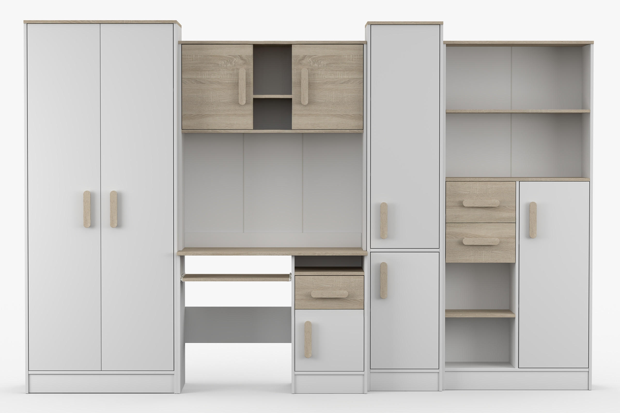 KINDERZIMMER MIKI Korpus Weiß | Griffe Sonoma - Weiß/Sonoma Eiche, Holz/Holzwerkstoff (300/197/52cm) - Deine Möbel 24