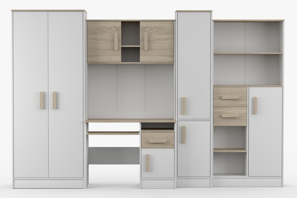 KINDERZIMMER MIKI Korpus Weiß | Griffe Sonoma - Weiß/Sonoma Eiche, Holz/Holzwerkstoff (300/197/52cm) - Deine Möbel 24