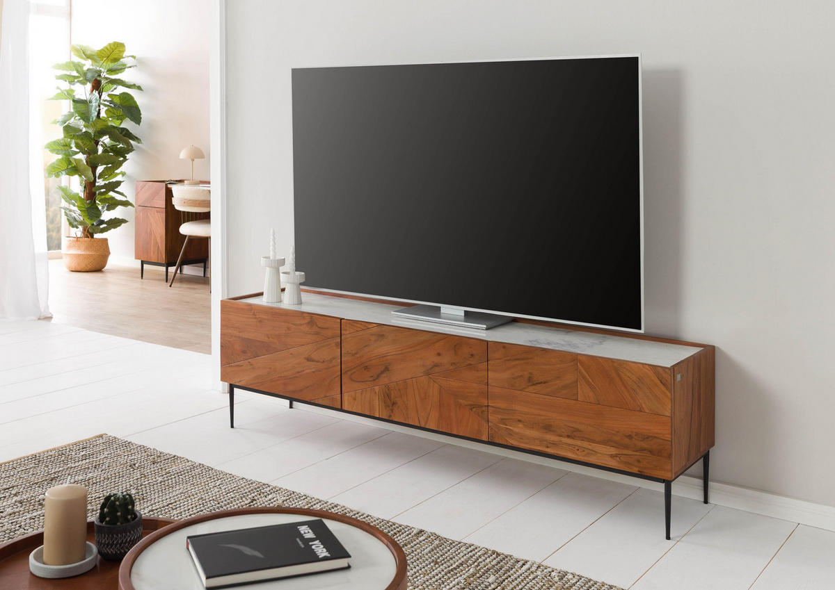 TV-BOARD Akazie 180x40x50 natur lackiert / Marmor weiß KARLSTAD #05 - Naturfarben, Holz (40/50/180cm) - Massivmoebel24