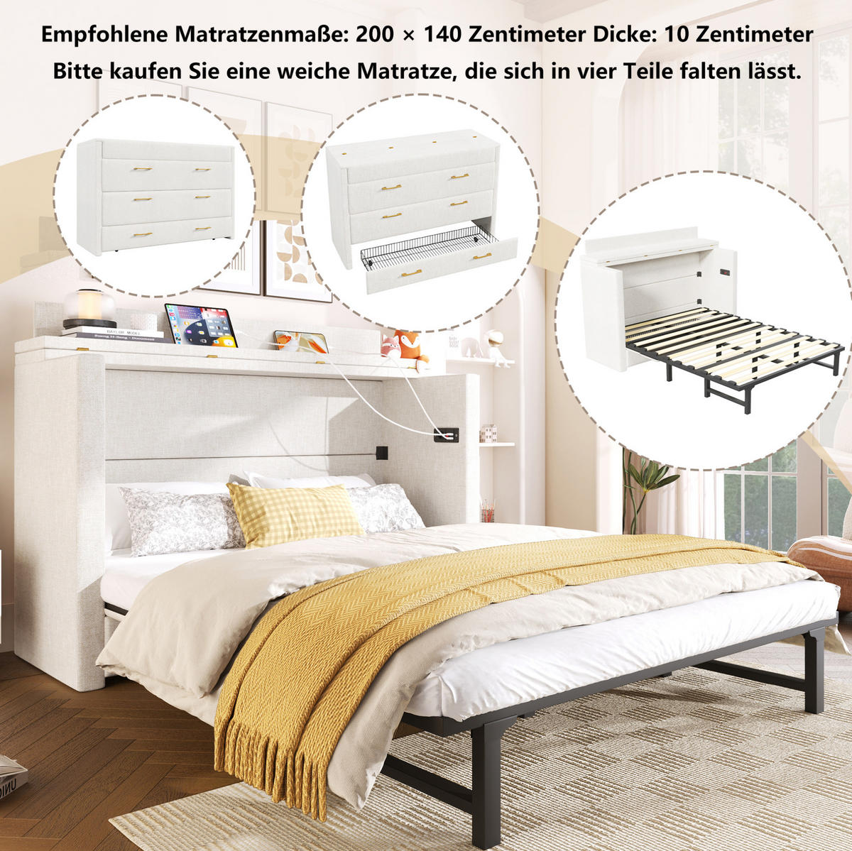 BETT 140/200 cm in Beige mit Schublade und USB- und Type-C-Anschlüssen - Beige, Textil (140/200cm) - Flora Grace