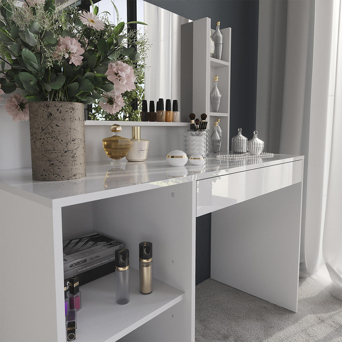 SCHMINKTISCH Sherry Weiß/Weiß Hochglanz 119.8 cm 4 Teile - Weiß Hochglanz, Holzwerkstoff (119.8/76/50.1cm) - Vicco