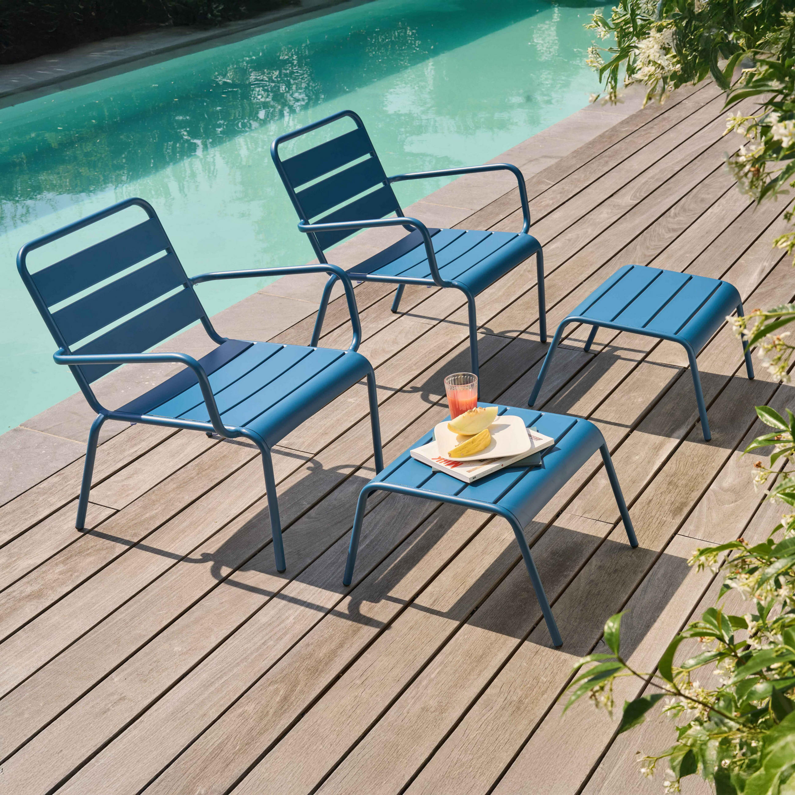 RELAXSESSEL MIT HOCKER 2-tlg., Pazifikblau - Dunkelblau, Metall (64/72/60cm) - Oviala