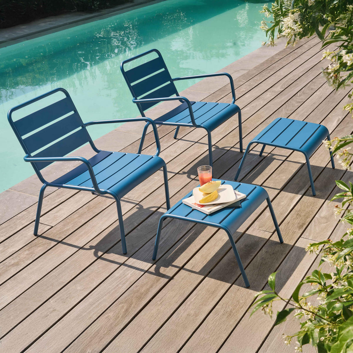 RELAXSESSEL MIT HOCKER 2-tlg., Pazifikblau - Dunkelblau, Metall (64/72/60cm) - Oviala