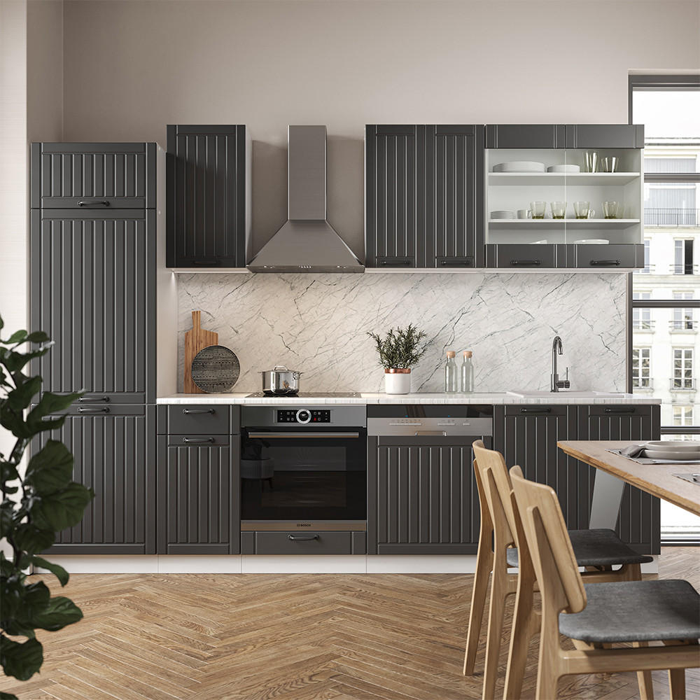 KÜCHENZEILE Fame-Line Anthrazit Landhaus/Weiß 300 cm, AP Anthrazit - Dunkelgrau/Weiß, Holzwerkstoff (300/81.6/60cm) - Vicco