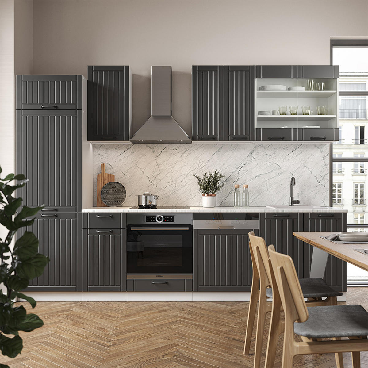 KÜCHENZEILE Fame-Line Anthrazit Landhaus/Weiß 300 cm, AP Anthrazit - Dunkelgrau/Weiß, Holzwerkstoff (300/81.6/60cm) - Vicco