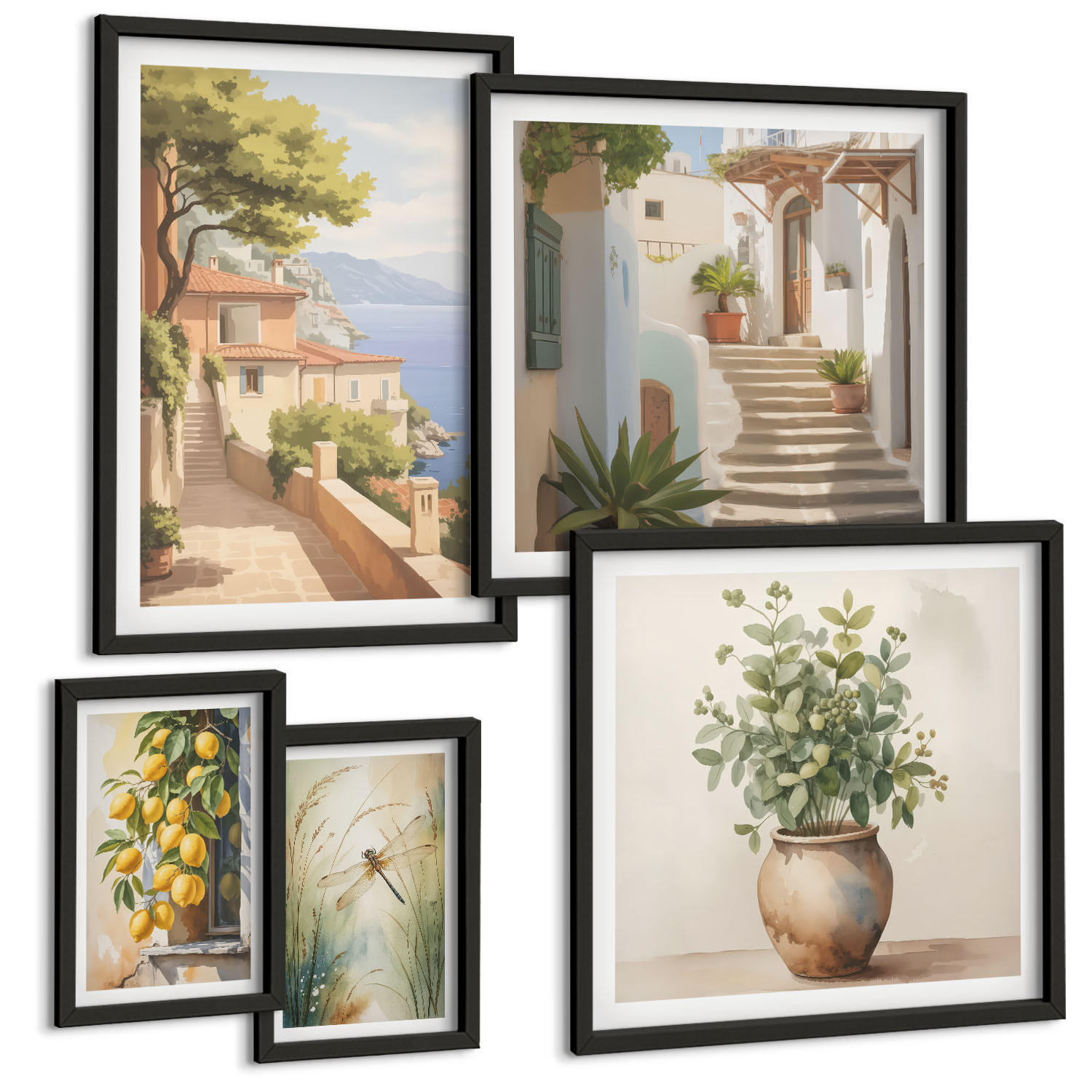 BILDER SET 5er Set - 50x50 cm & 20x30 cm & 40x60 cm Schwarzer Rahmen - Architektur der Zitronenstadt - Schwarz, Kunststoff (40/60cm) - TULUP