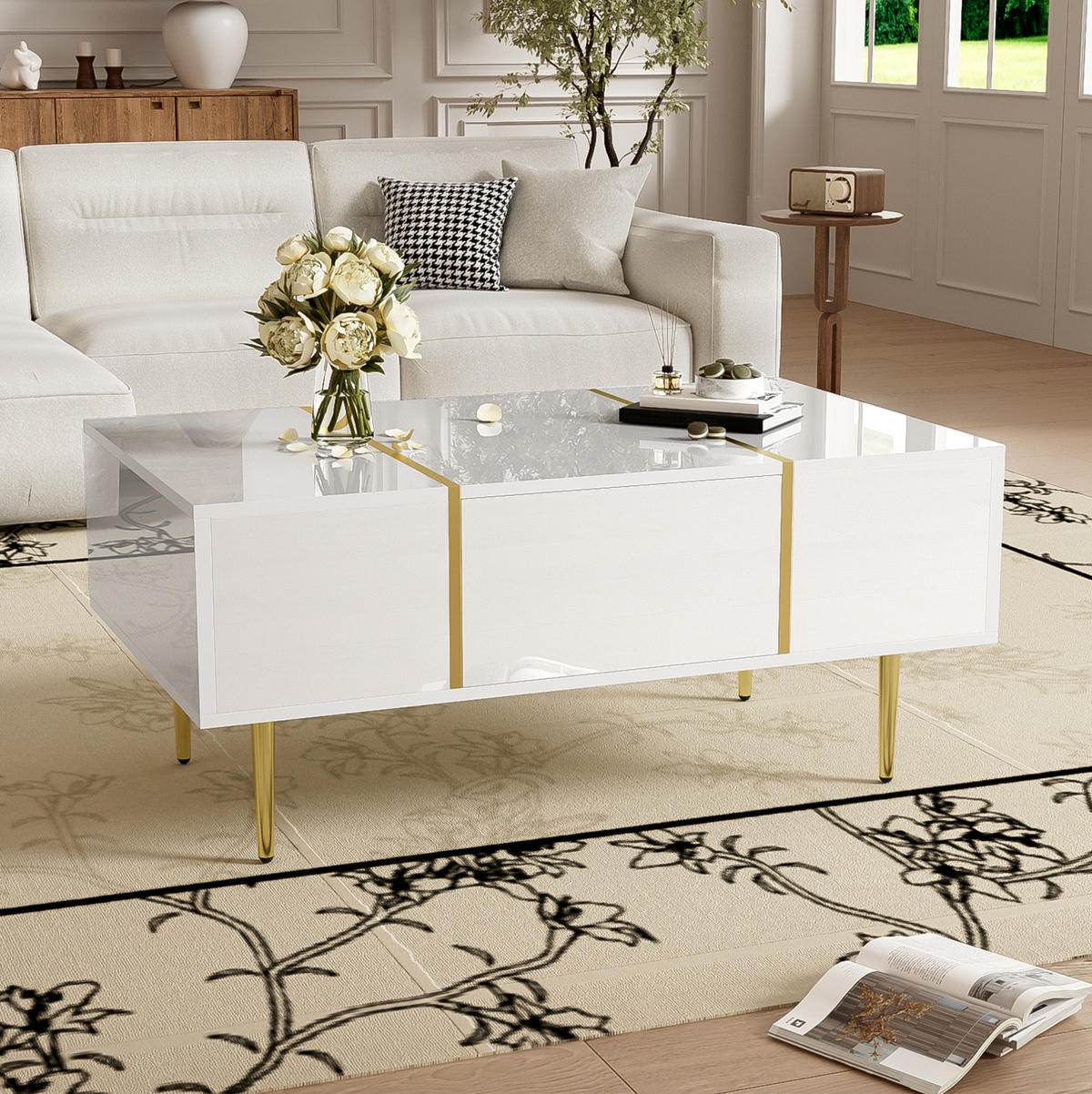 COUCHTISCH mit 2 Schubladen 100 x 60 cm Weiß Hochglanz - Weiß, Metall (100/60/41.5cm) - Meubliv
