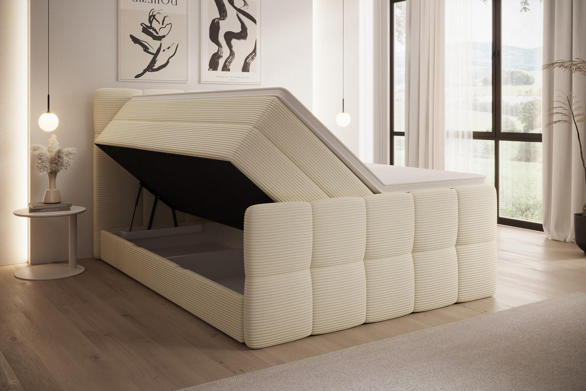 BOXSPRINGBETT Madison 2 Beige 180/200 cm H3/H4 Cord mit Premium Topper - Beige, Textil (180/200cm) - wonello