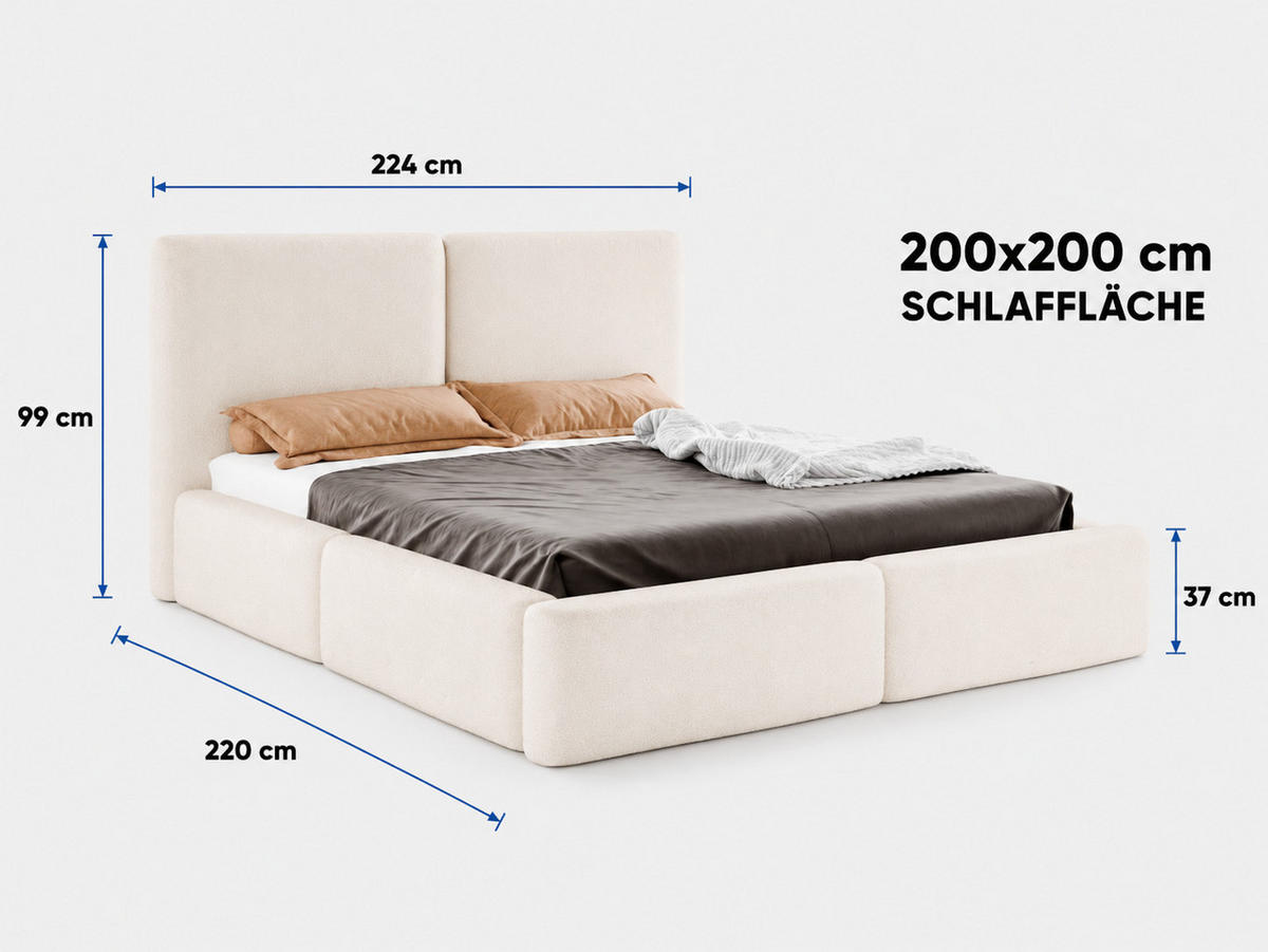 POLSTERBETT LIVIA 200x200 cm mit Bettkasten, Stauraum und Metall-Lattenrost – Bouclé Stoff Weiß - Schwarz/Weiß, Textil/Metall (200/200cm) - Luxkor24