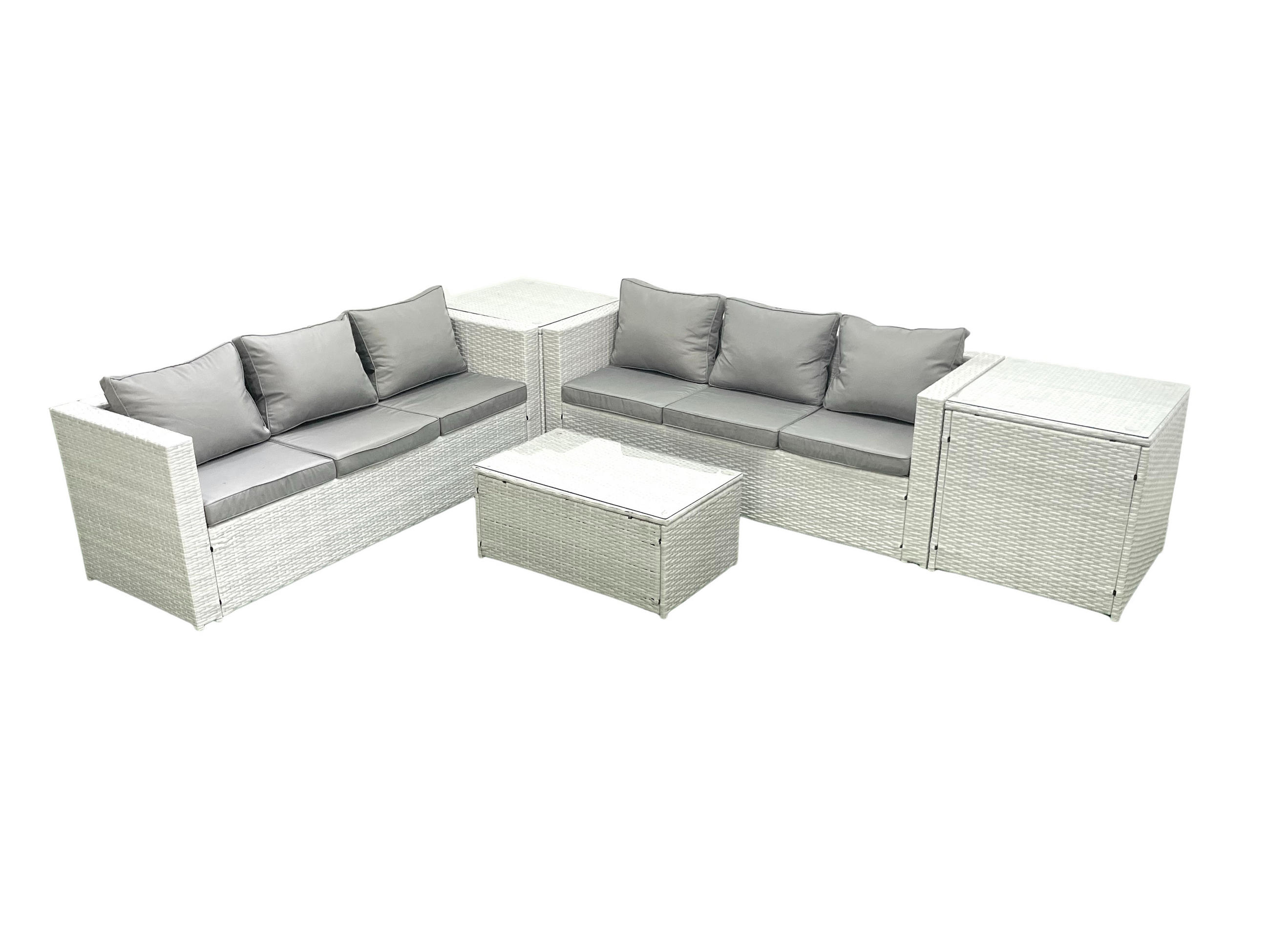 GARTENGARNITUR mit 3-SITZER SOFA,COUCHTISCH Polyrattan Hellgrau-Mix 6-Sitzer - Hellgrau/Grau, Glas/Kunststoff - Fimous