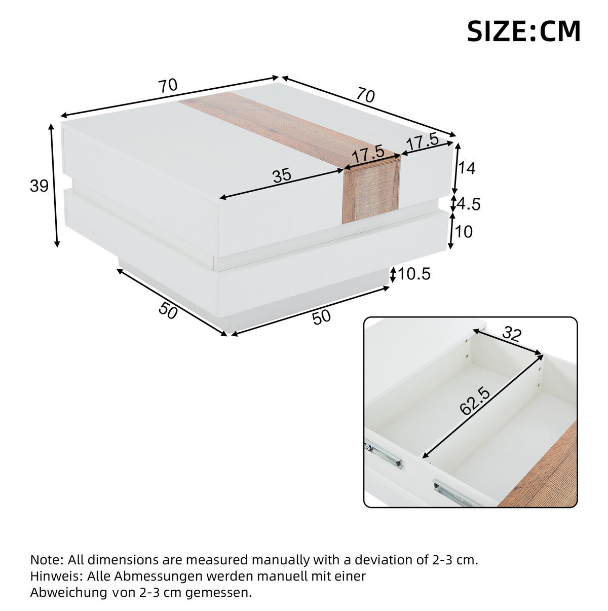 COUCHTISCH, weiß Hochglanz Tischplatte mit ausziehbarer Platte und verstecktem Staufach, 70/70/39 cm,Weiß - Weiß, Holzwerkstoff (70/70/39cm) - Redom