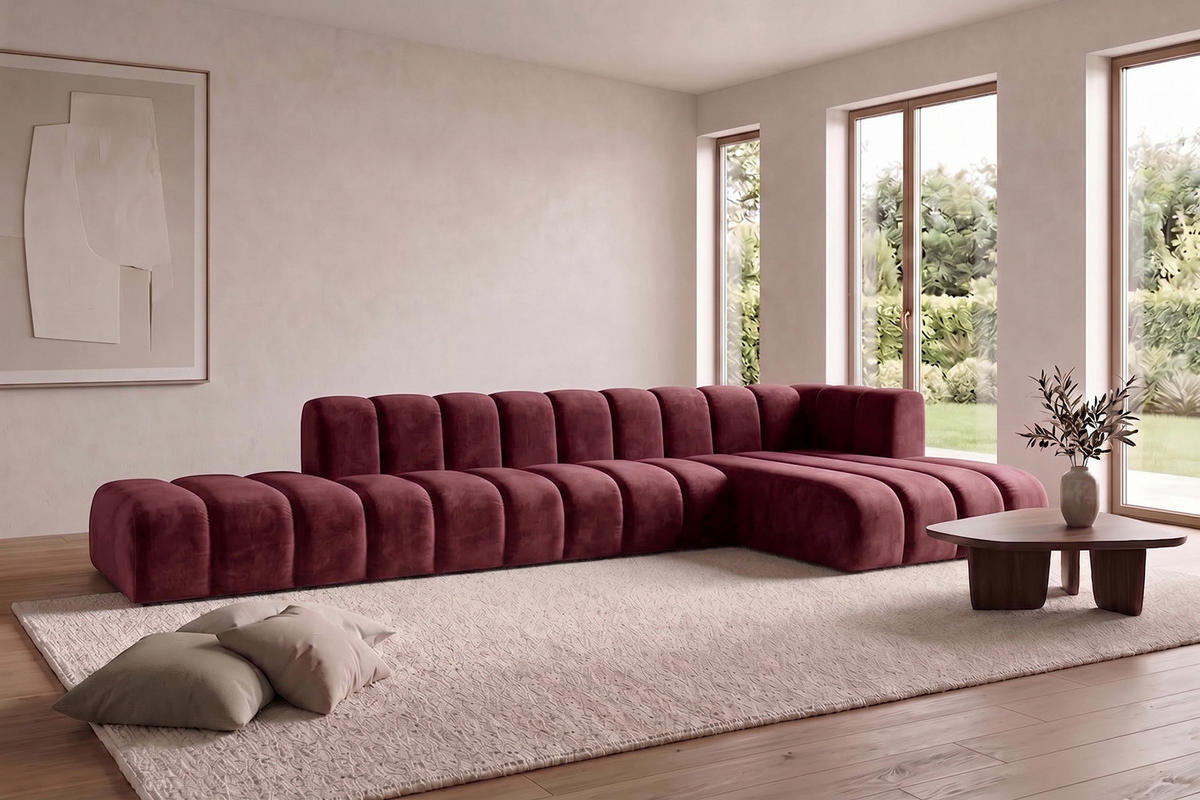 ECKSOFA Modulares In L-Form Mit Hocker, Velvet-Stoff Riviera, Rotwein, Rechts, GRAND - Dunkelrot, Holz (386/179cm) - Kaiser Möbel