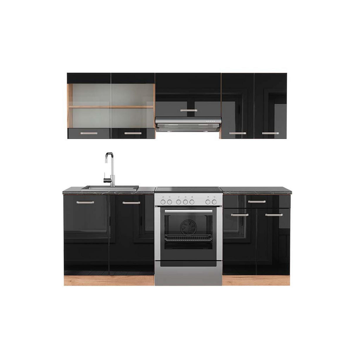 KÜCHENZEILE R-Line Schwarz Hochglanz/Goldkraft Eiche 200 cm AP Anthrazit - Honigeiche/Schwarz Hochglanz, Holzwerkstoff (200/81.6/60cm) - Vicco