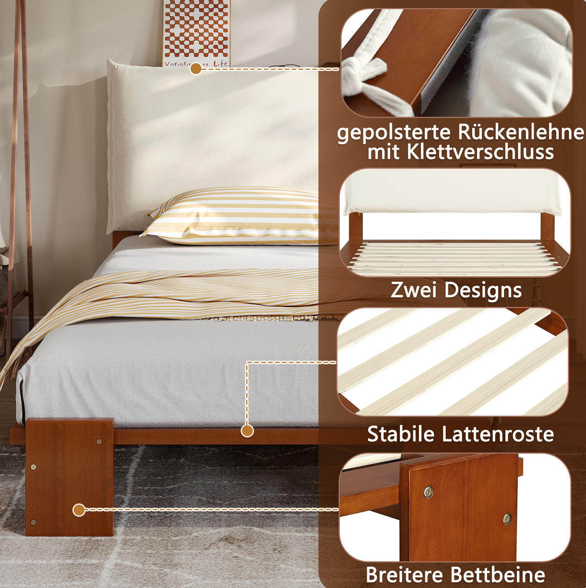 POLSTERBETT 90/200 cm mit gepolsterter Rückenlehne, stabilen Lattenrosten und Kiefernholzgestell, Dunkelbraun - Braun, Textil (90/200cm) - Redom