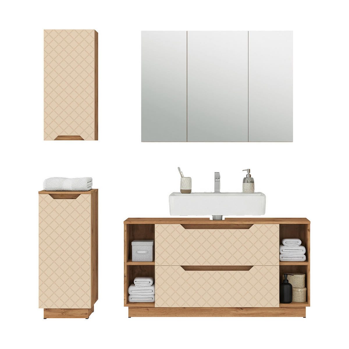 BADMÖBEL-SET Lotta Eiche/Kaschmir mit Kachelstruktur 4 Teile - Kaschmir/Eichefarben, Holzwerkstoff (119.2/62.5/35cm) - Vicco