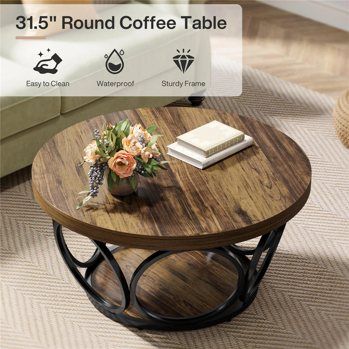 COUCHTISCH rund 80/80/42.5 cm 2 Ebenen Holz Stauraum modern - Braun, Holz (80/80/42.5cm) - Kaket