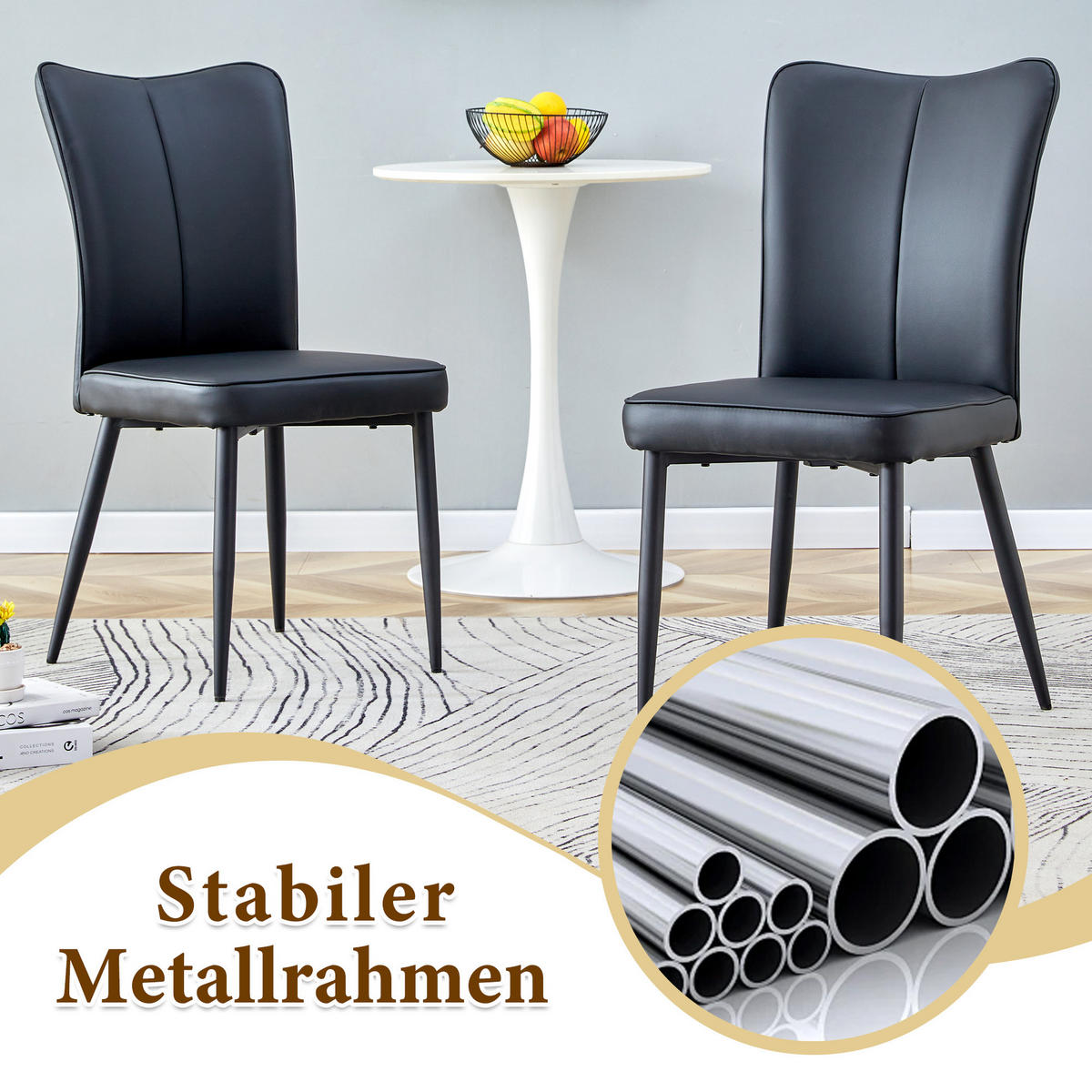 ESSGRUPPE DE-39380 5-teilig, mit 4 PU-Sesseln und Glasplatte Schwarz - Schwarz, Metall (100/76/100cm) - ComfortXL