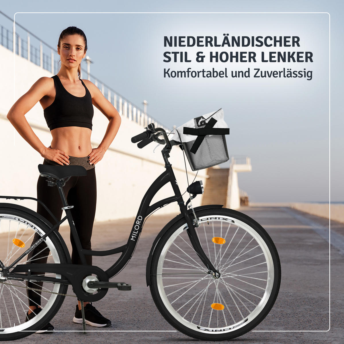 CITY-FAHRRAD Milord mit Metallkorb, 26 Zoll, Schwarz, 3-Gang - Schwarz, Metall (46cm) - Milordbikes