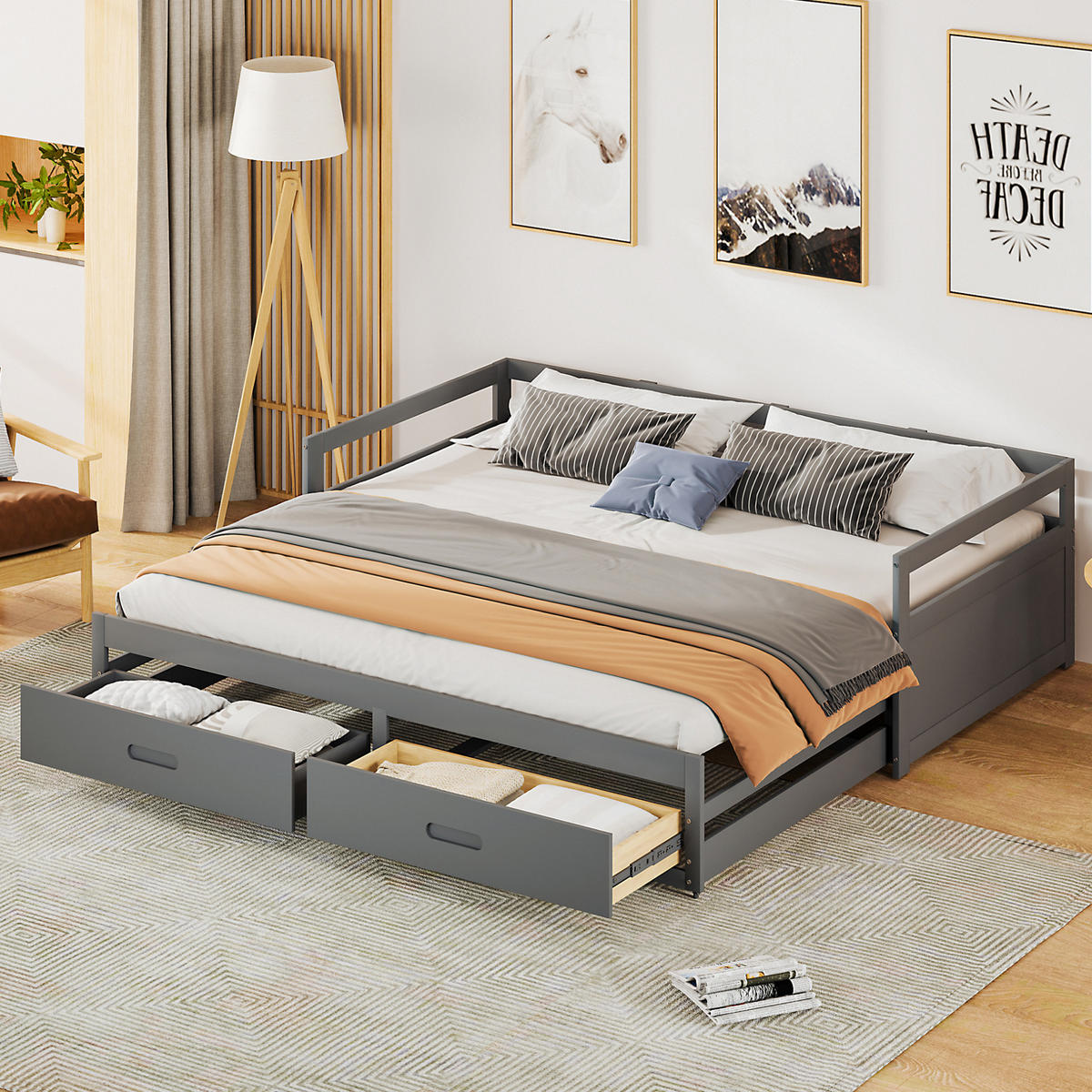 ROZKLÁDACÍ pohovka 90/180x200 cm šedá z borovicového dřeva se zásuvkami a úložným prostorem - šedá, dřevo (90/200cm) - OKWISH