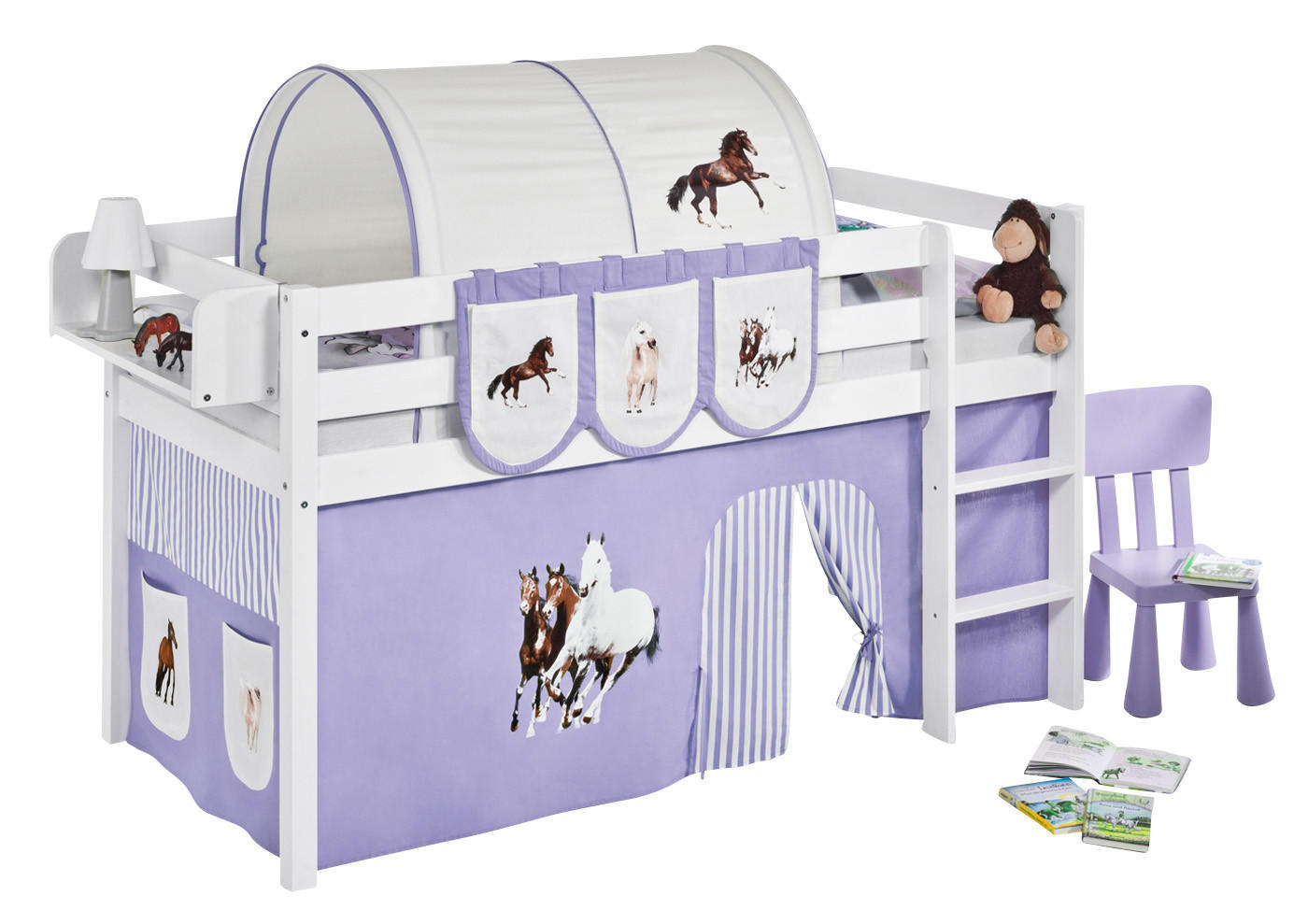 HOCHBETT Jelle mit PFERDE lila Vorhang - Kinderbett - Weiß, Holz - Lilokids