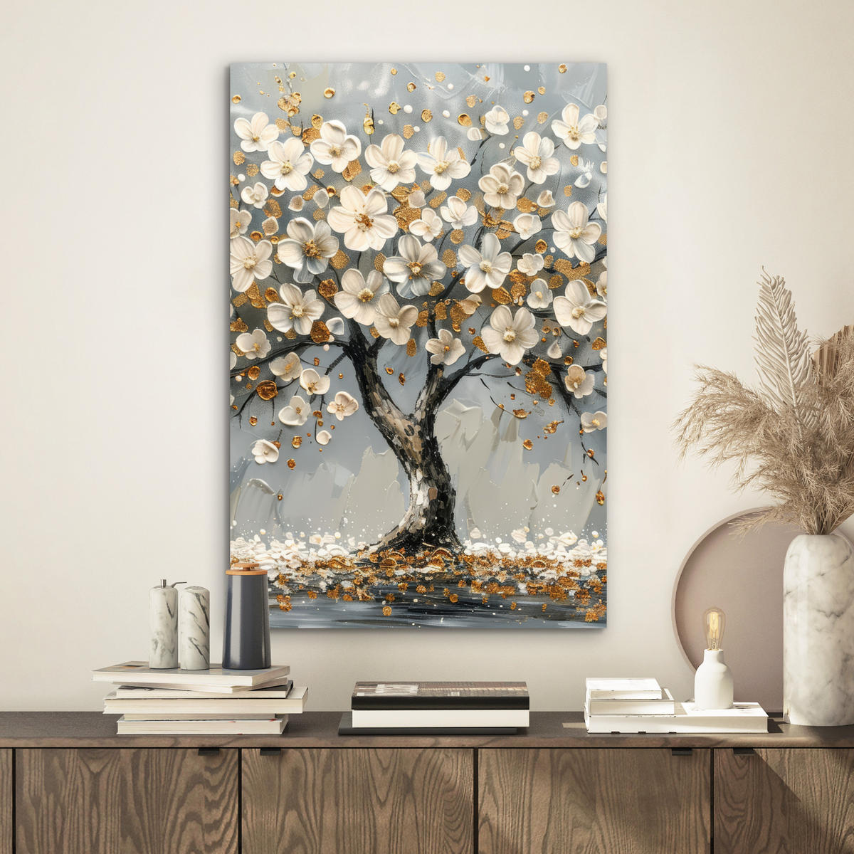METALLBILD Baum - Blumen - Weiß - Natur - Kunst 40x60 cm - Weiß, Metall (40/60cm) - MuchoWow
