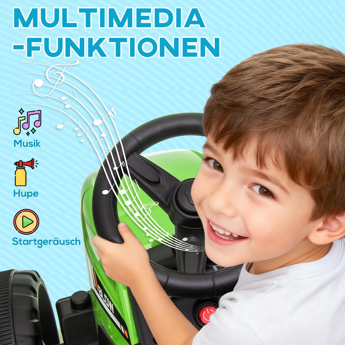 ELEKTRISCHER Traktor Kinder Aufsitztraktor mit MP3 Funktion, 3-6KM/H, Grün - Grün, Metall (136.5/50/52.5cm) - HOMCOM