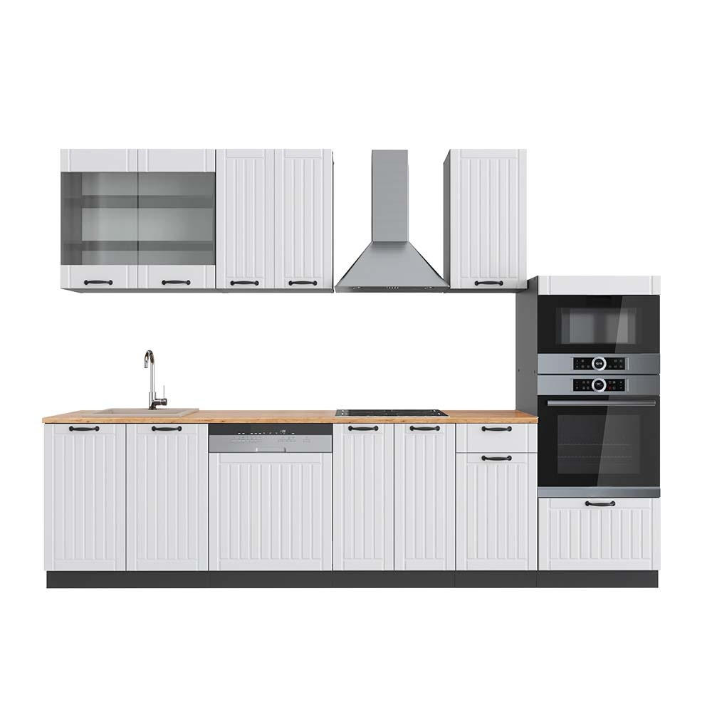 KÜCHENZEILE Fame-Line Weiß Landhaus/Anthrazit 300 cm mit Hochschrank, AP Eiche - Anthrazit/Weiß, Holzwerkstoff (300/153.6/60cm) - Vicco