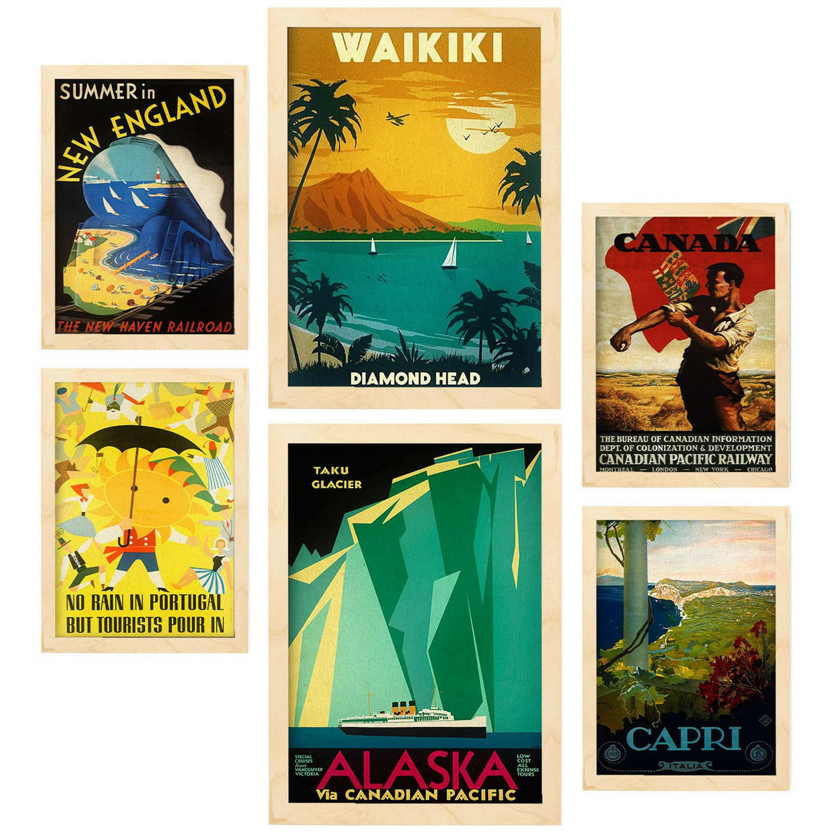 POSTER Set Mit 6 Strand & Kreuzfahrt Größe A3 & A4 Rahmen aus hellem Holz - Beige, Papier (29.7/1cm) - Nacnic