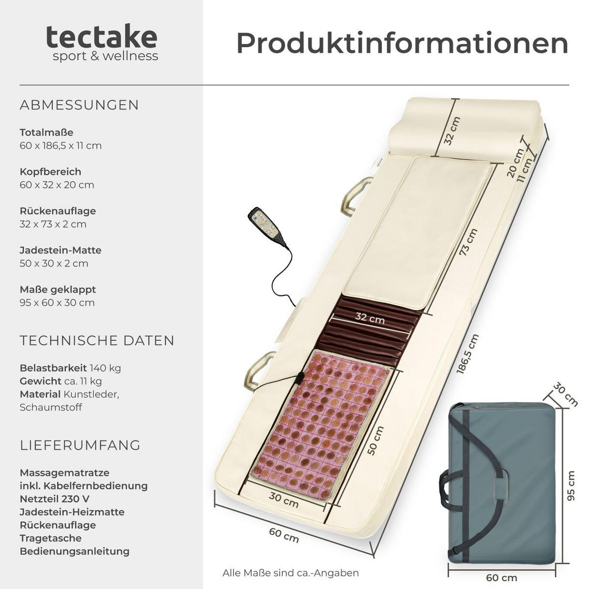 SHIATSU-MASSAGEMATRATZE ,186,5 x 60 x 11 cm,beige - Beige, Textil (60/11/186.5cm) - tectake