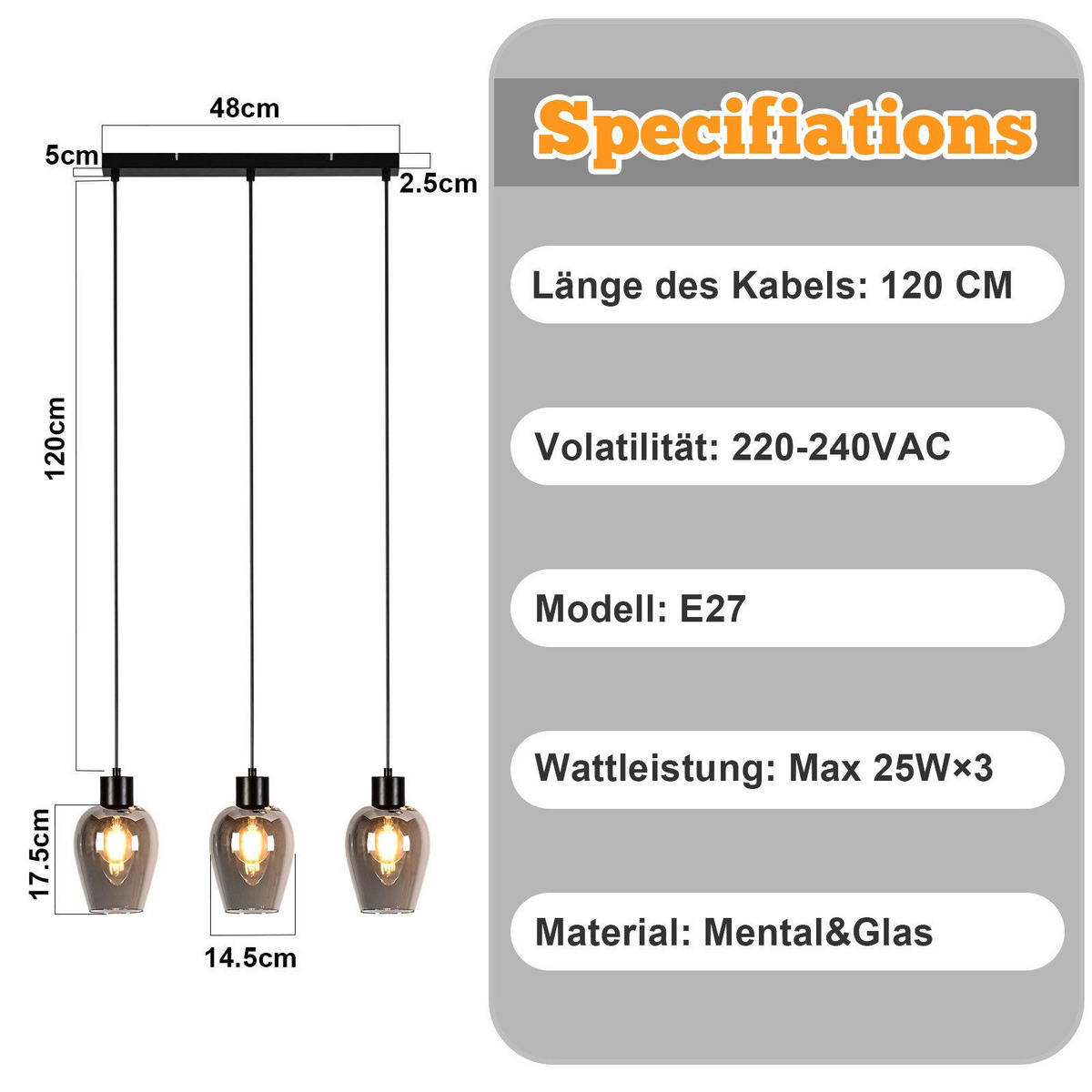 PENDELLEUCHTE BIRKENFELD Ⅲ 48/5/120 cm - Schwarz, Metall (48/5/120cm) - Nettlife