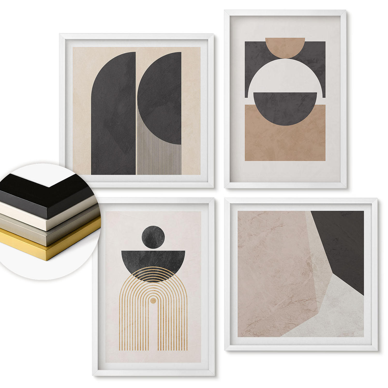 WANDBILDER 4er-Set - 50x50 cm & 40x60 cm Weißer Rahmen - Abstrakte Formen beige braun - Weiß, Kunststoff (50/50cm) - ArtPrintCave
