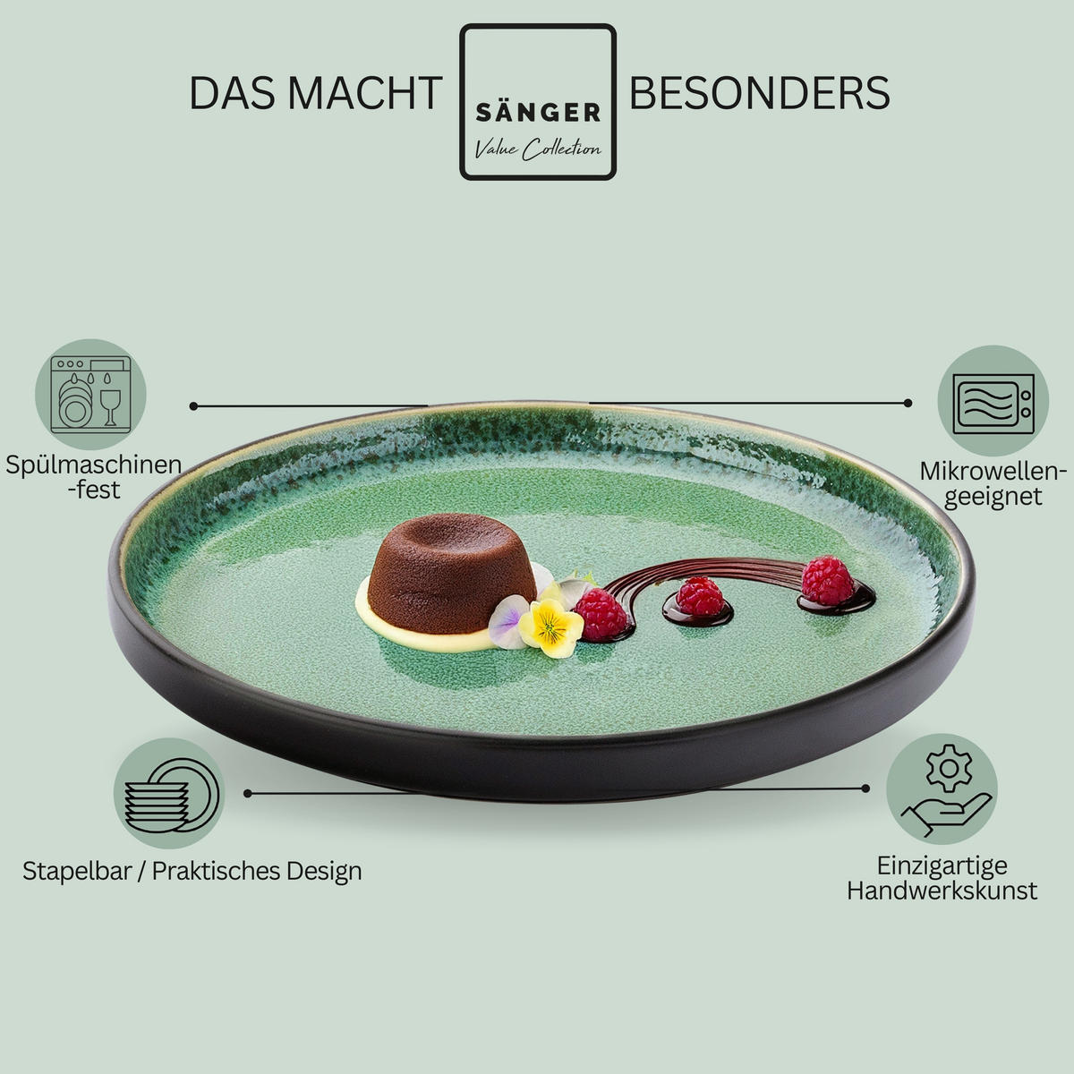 DESSERTTELLER SET GREENWICH - 6 teilig aus Steingut - Grün, Stein (20.7/20.7/6.3cm) - Sänger