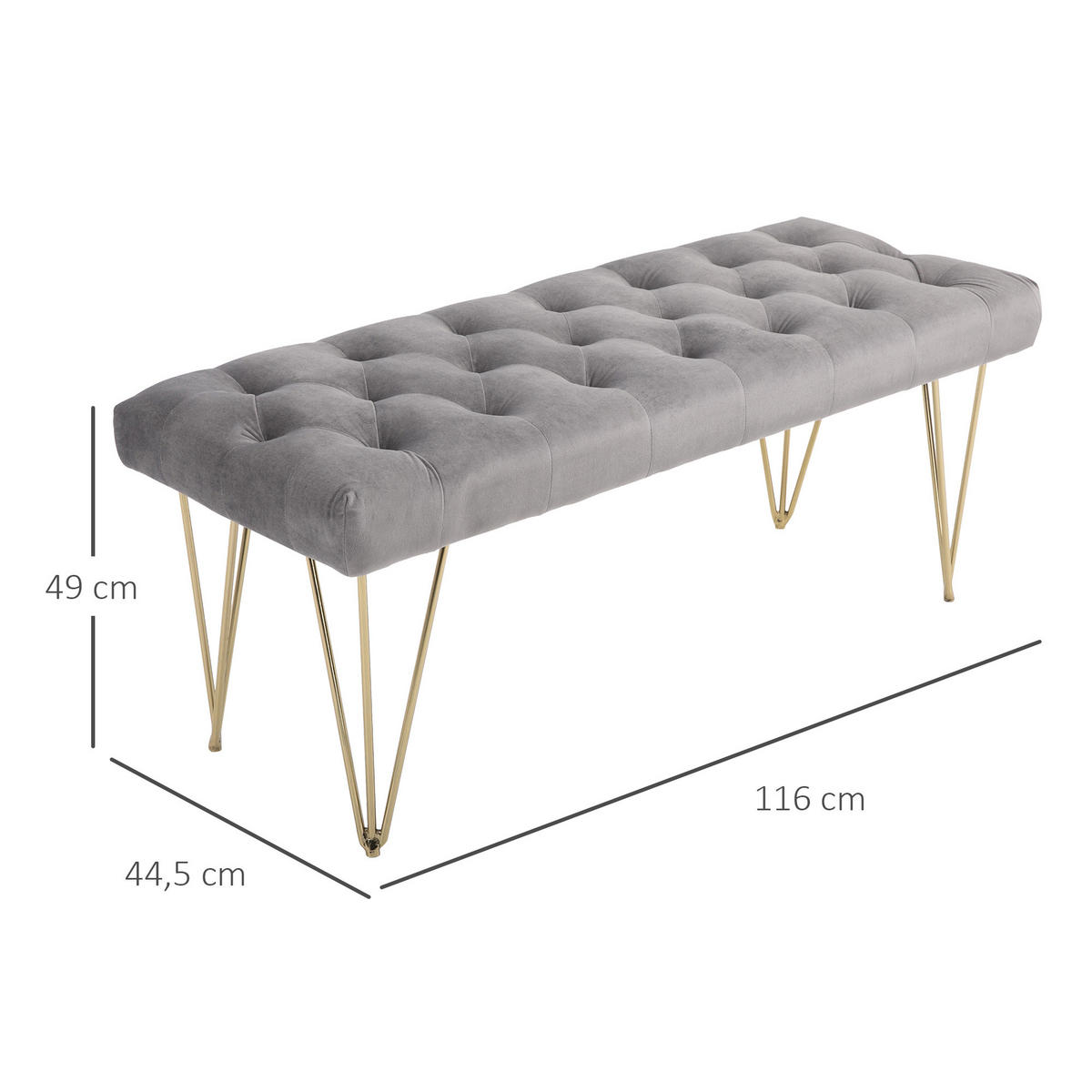 SCHUHBANK mit Samtoptik, für Schlafzimmer, Wohnzimmer, Flur, Metall, Grau - Grau, Kunststoff (445/49/116cm) - HOMCOM