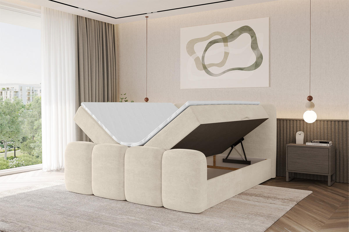 AMERICKÁ postel s matrací H4 a roštem – NINA-Z – 140 × 200 cm – béžová - Sahara, kompozitní dřevo (140/200cm) - ALTDECOR