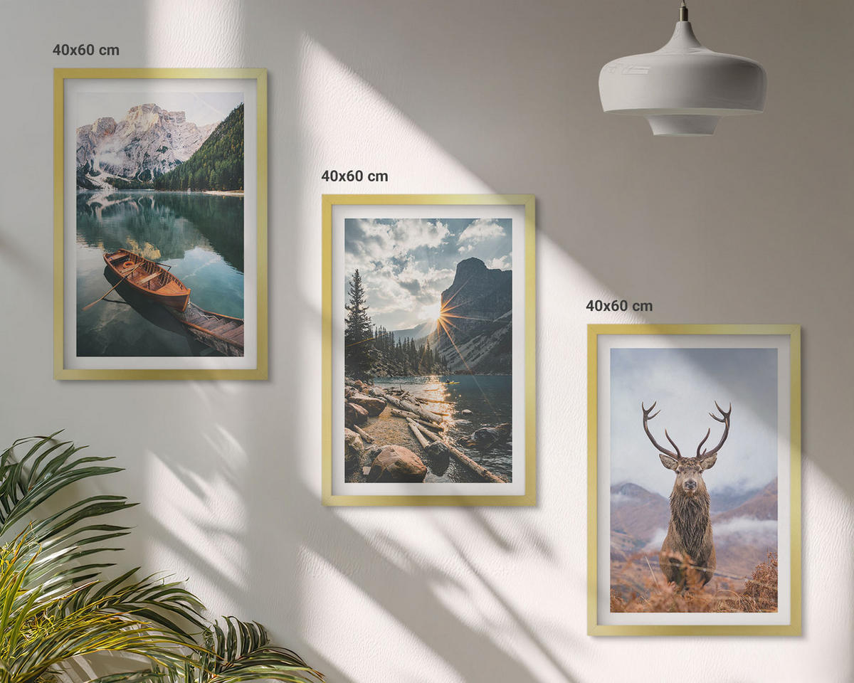 BILDER SET 3er Set - 40x60 cm Goldrahmen - Bergsee, Bootsfahrt, Sonnenuntergang, Hirsche - Goldfarben, Kunststoff (40/60cm) - TULUP
