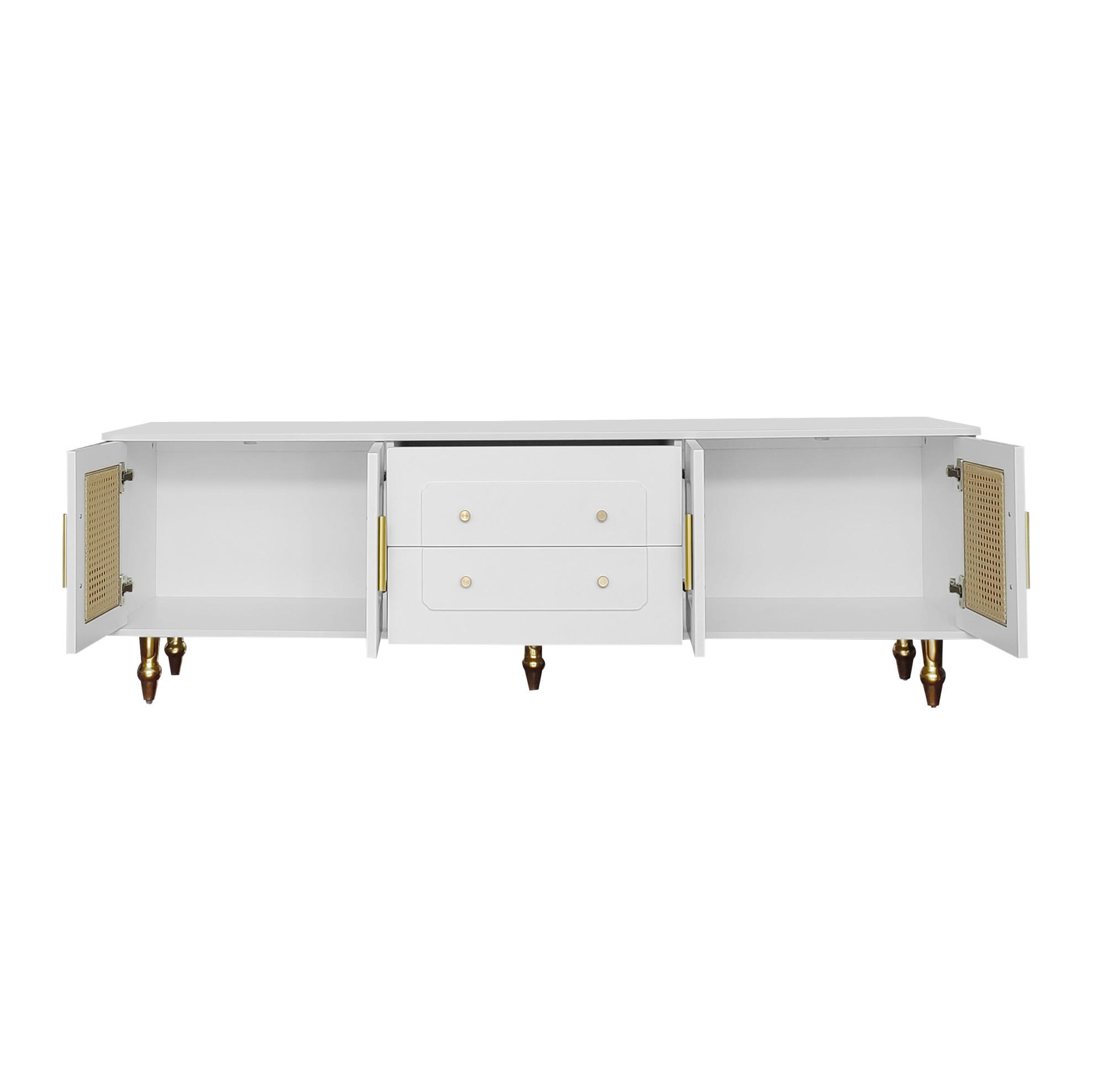 LOWBOARD 175/38/55,5 cm aus Spanplatte mit Rattantüren und Drucköffnung-Schubladen Weiß - Weiß, Holzwerkstoff (175/55.5/38cm) - Modenvie