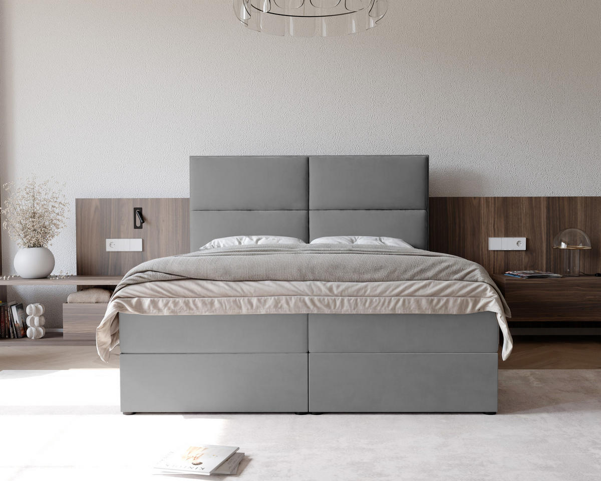 BOXBETT ORFEO 180/200 cm mit Matratze und Topper, Hellgrau - Hellgrau, Textil (180/200cm) - Idohome