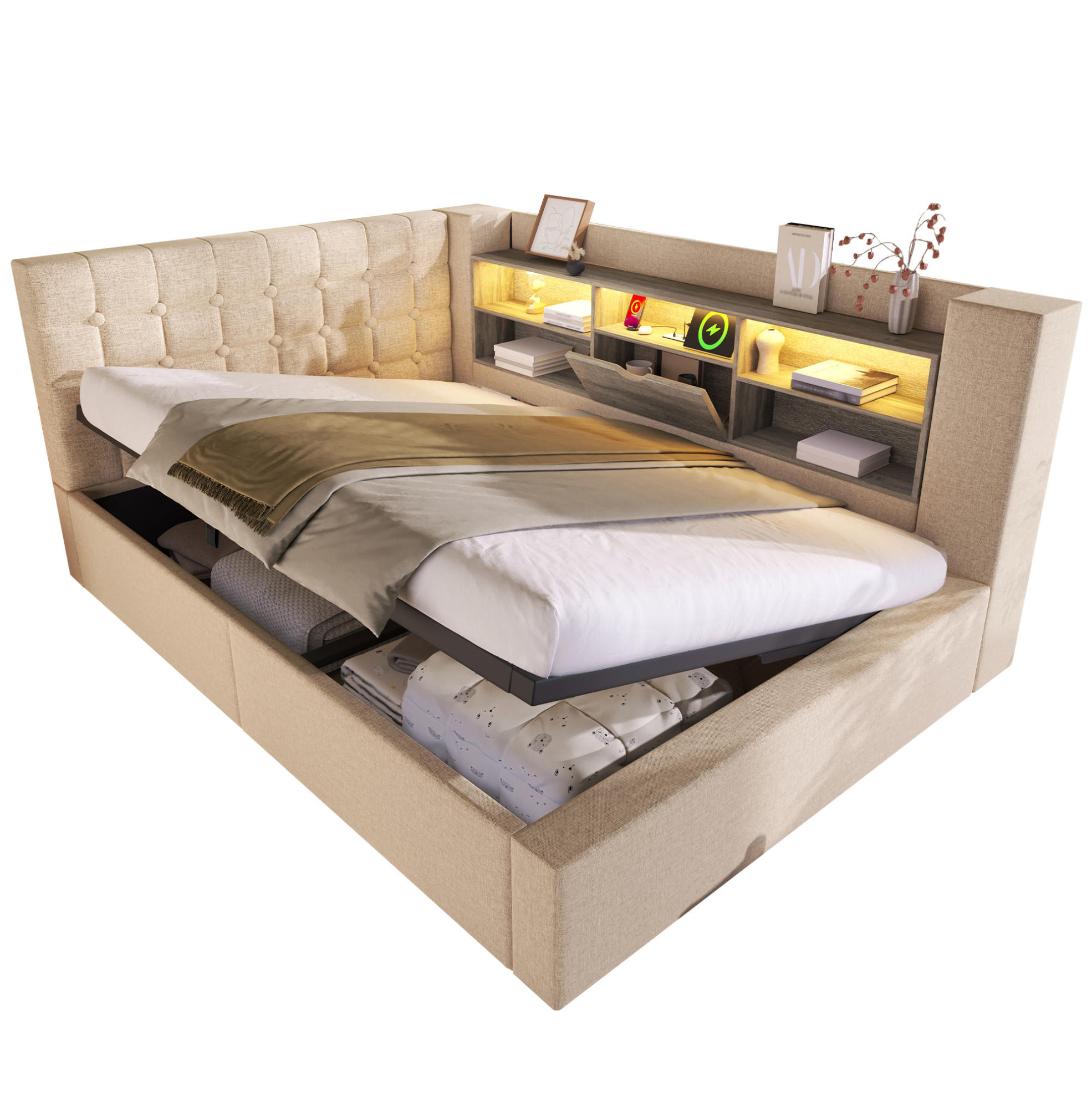 POLSTERBETT mit Stauraum und LED 140x200 cm Beige - Beige, Metall (140/200cm) - Meubliv