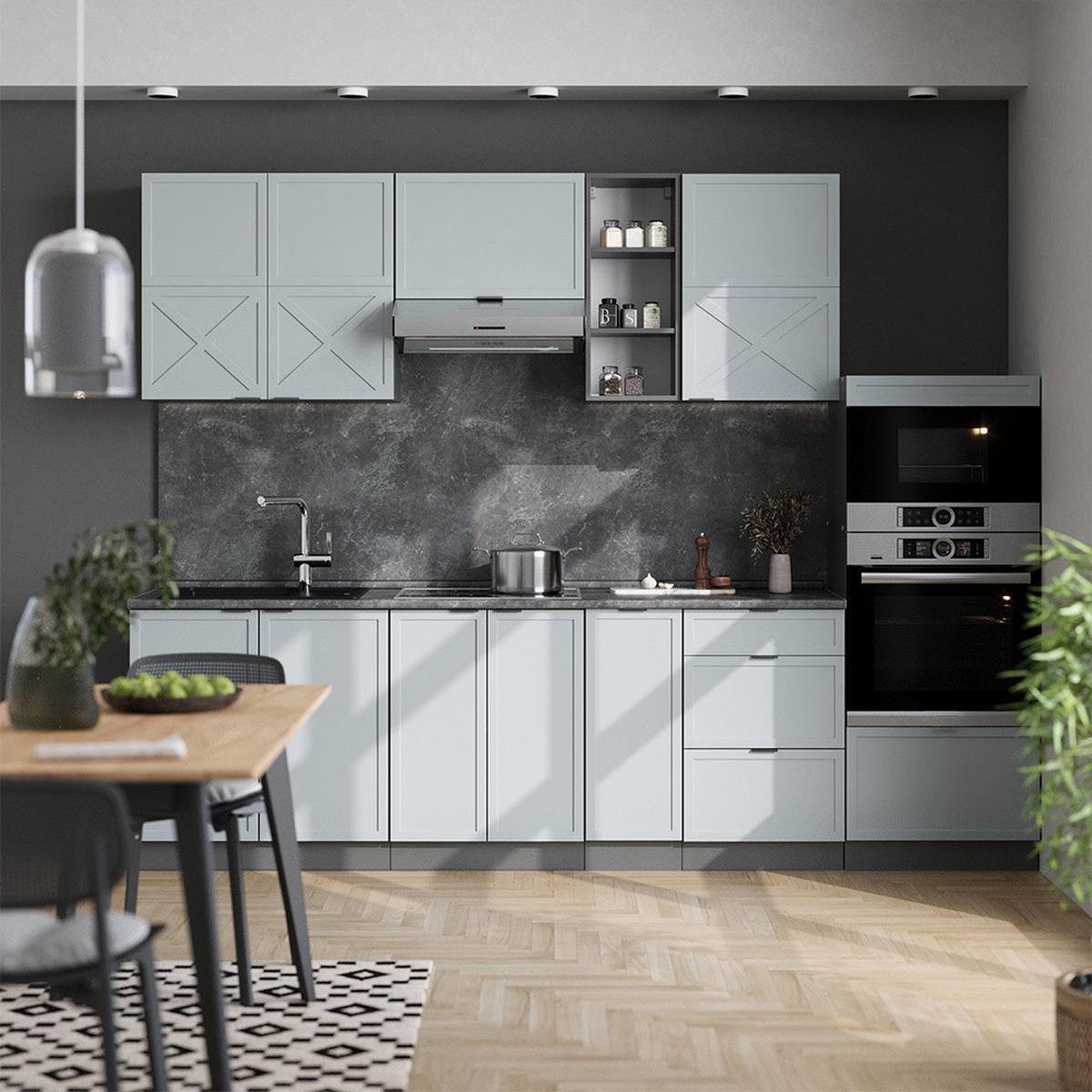 KUHINJSKI BLOK Fame-Line, Svetlo modro-siva/Antracit, 280 cm brez delovne plošče - svetlo modra/antracit, leseni material (280/153.6/46cm) - Vicco