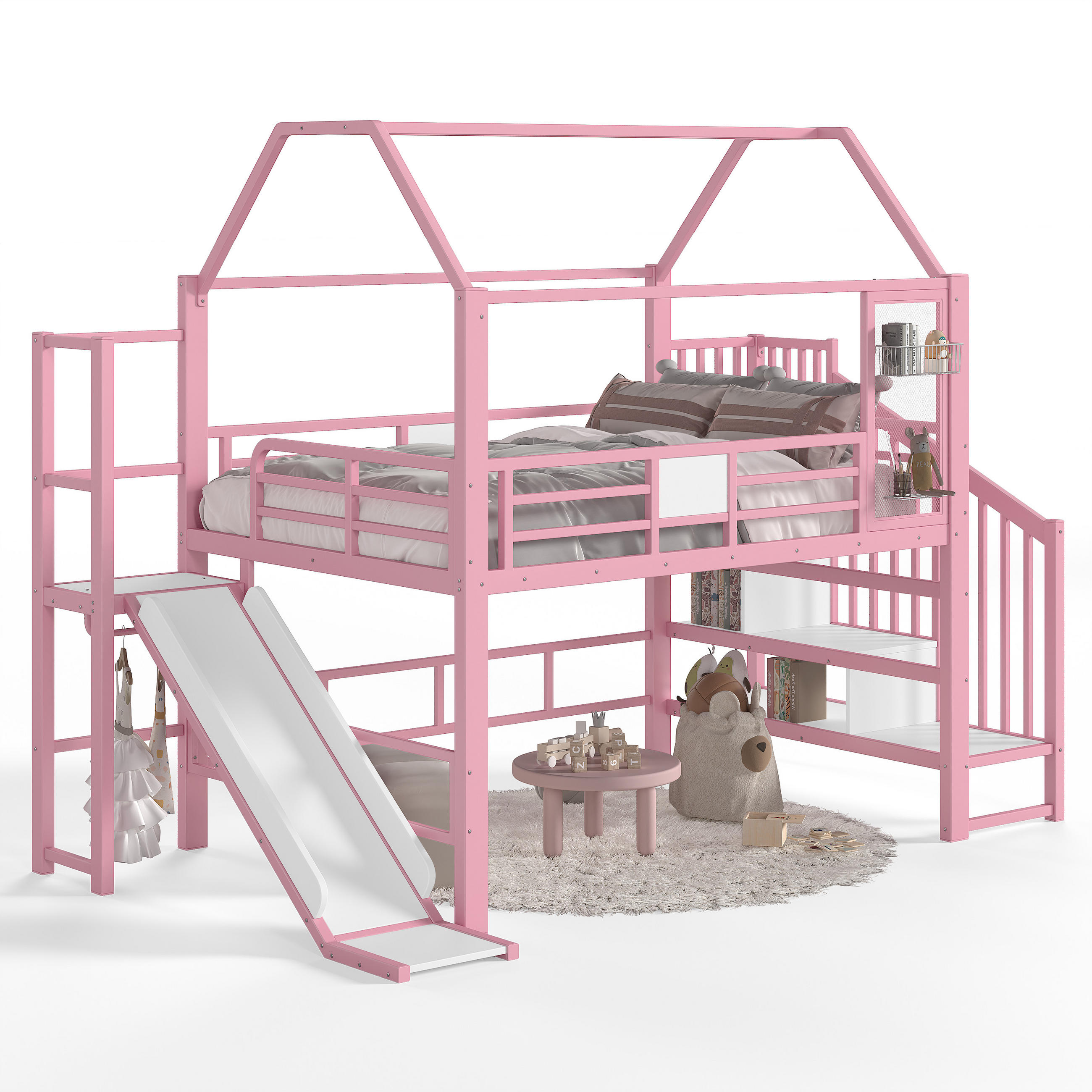 HOCHBETT 140/200cm mit Rutsche, LED/Treppe, Metall, Rosa - Rosa, Metall (140/200cm) - LVHOM