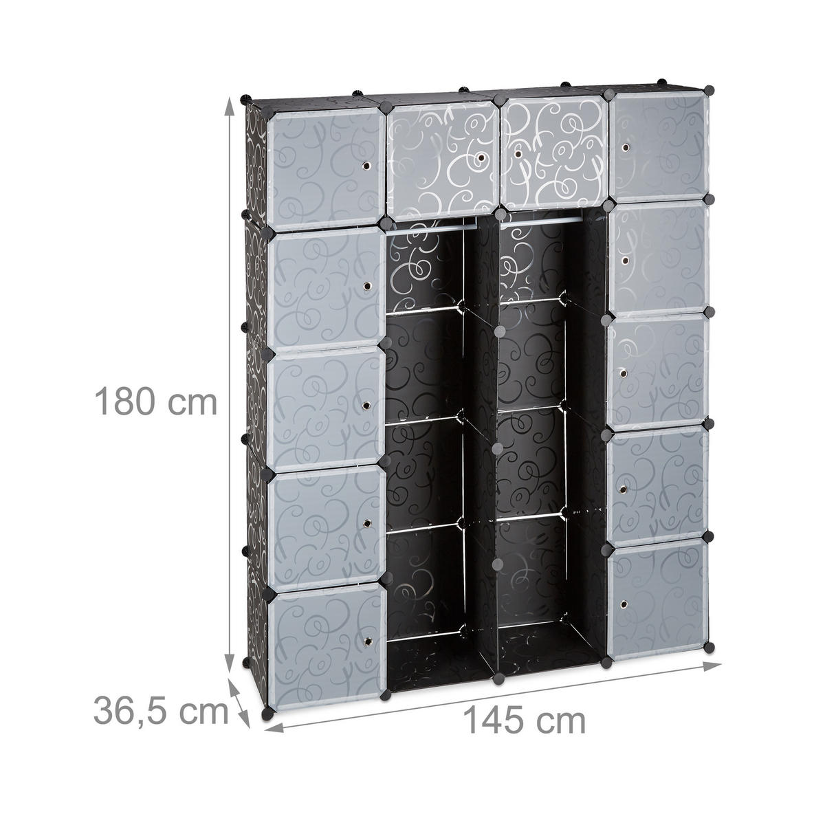 KLEIDERSCHRANK Stecksystem - Schwarz, Kunststoff/Metall (145/180/36.5cm) - Relaxdays