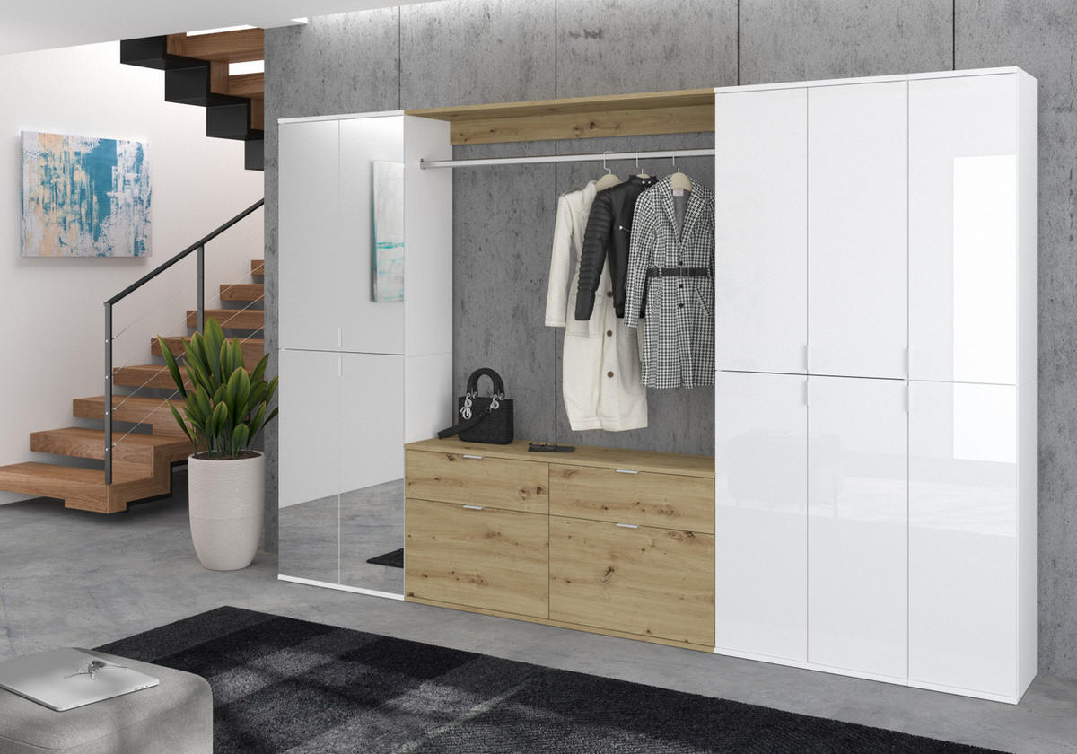 GARDEROBENSCHRANK weiß Hochglanz, Eiche 273 cm, Komplettset mit Spiegel - Weiß Hochglanz/Eiche Artisan, Holzwerkstoff/Metall (273/193/34cm) - Inn.Furn