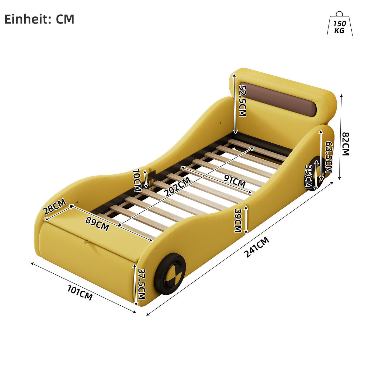 KINDERBETT 90/200 cm in Autoform mit LED-Rädern und Stauraum, Gelb - Gelb, Kunststoff (90/200cm) - BEAOK