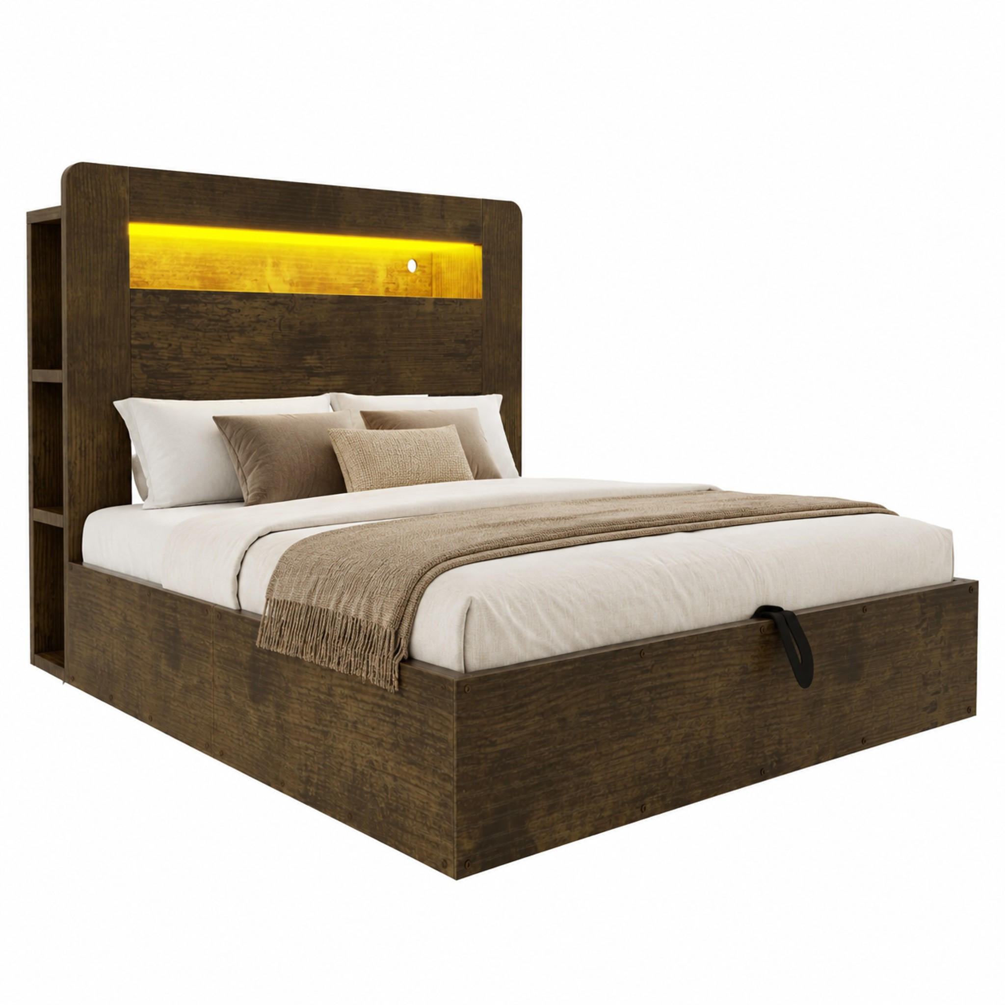 BETT mit Stauraum 140x200 cm Holz mit LED und Steckdosen - Birnbaumfarben, Holzwerkstoff (140/200cm) - Meubliv
